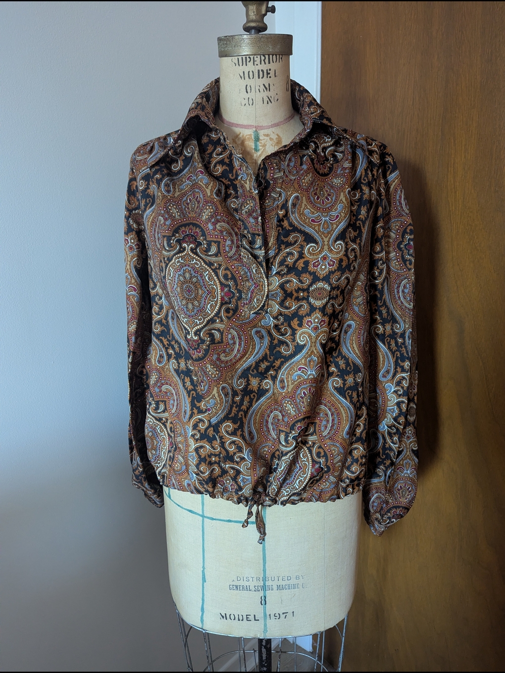 70's Women's Paisley Drawstring Hem Blouse